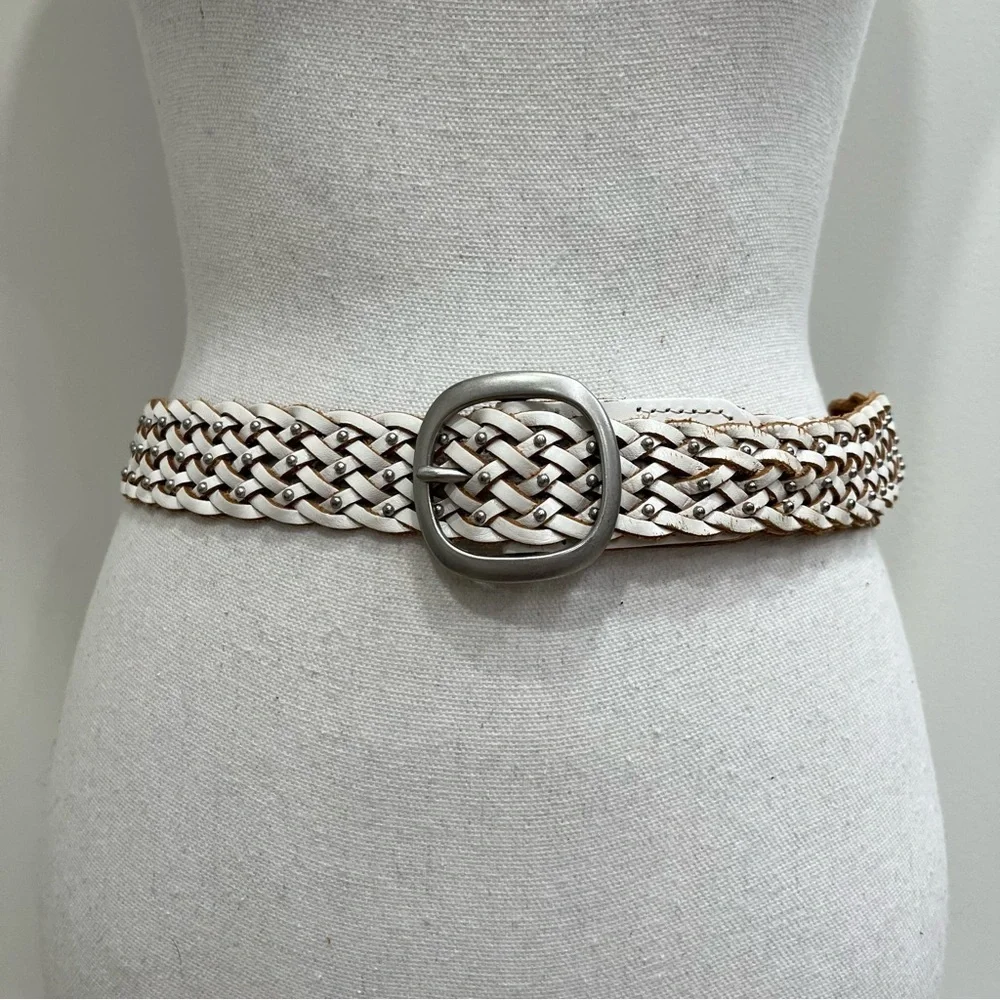 Vintage Y2K AEO distressed white woven braided leather belt silver studs S/M